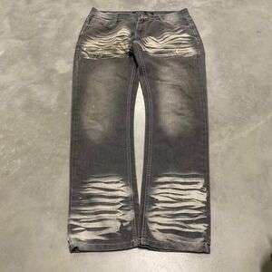 Black Lacquer Mens Jeans 36 Faded Gray Distressed Whiskered Straight Leg Denim